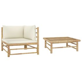 2 Piece Patio Lounge Set with Cream White Cushions Bamboo