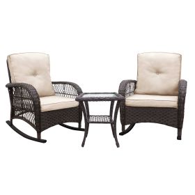 3 Pieces Conversation Set, Outdoor Wicker Rocker Patio Bistro Set, Rocking Chair with Glass Top Side Table