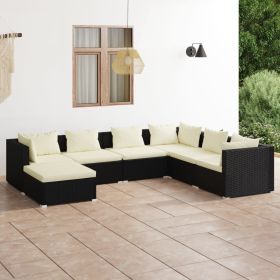 7 Piece Patio Lounge Set with Cushions Poly Rattan Black (Color: Black)