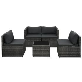 5 Piece Patio Lounge Set with Cushions Poly Rattan Gray (Color: Grey)