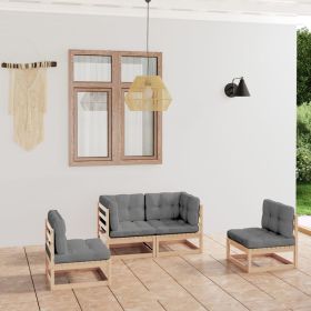 4 Piece Patio Lounge Set with Cushions Solid Wood Pine (Color: Brown)