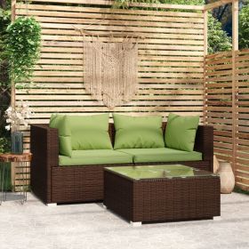 3 Piece Patio Lounge Set with Cushions Brown Poly Rattan (Color: Brown)