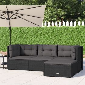 4 Piece Patio Lounge Set with Cushions Black Poly Rattan (Color: Black)