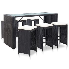 7 Piece Patio Bar Set with Cushions Poly Rattan Black (Color: Black)