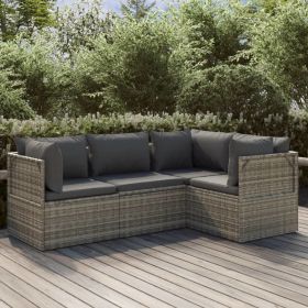 4 Piece Patio Lounge Set with Cushions Gray Poly Rattan (Color: Gray)