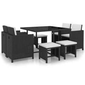 9 Piece Patio Dining Set with Cushions Poly Rattan Black (Color: Black)