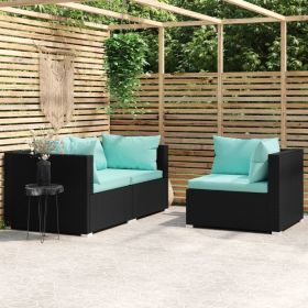 3 Piece Patio Lounge Set with Cushions Black Poly Rattan (Color: Black)