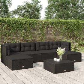 6 Piece Patio Lounge Set with Cushions Black Poly Rattan (Color: Black)