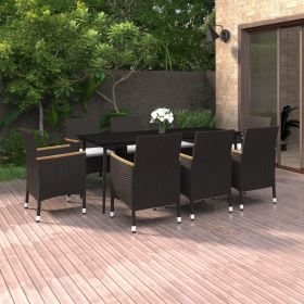 9 Piece Patio Dining Set with Cushions Poly Rattan and Glass (Color: Black)