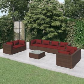 9 Piece Patio Lounge Set with Cushions Poly Rattan Brown (Color: Brown)