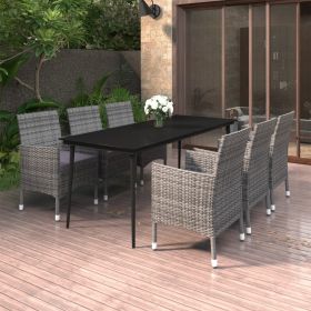 7 Piece Patio Dining Set with Cushions Poly Rattan and Glass (Color: Gray)