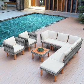 9-Piece Outdoor Patio Garden Wicker Sofa Set, Gray PE Rattan Sofa Set, with Wood Legs, Acacia Wood Tabletop, Armrest Chairs with Cushions (Color: Beige)