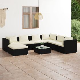 8 Piece Patio Lounge Set with Cushions Poly Rattan Black (Color: Black)