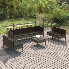 9 Piece Patio Lounge Set with Cushions Poly Rattan Gray (Color: Grey)