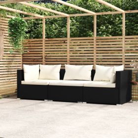 Wicker Patio Furniture 3 Piece with Cushions Black Poly Rattan (Color: Black)