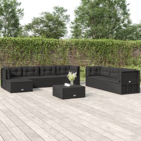 8 Piece Patio Lounge Set with Cushions Black Poly Rattan (Color: Black)