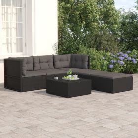 5 Piece Patio Lounge Set with Cushions Black Poly Rattan (Color: Black)